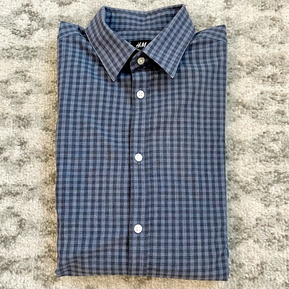 H&M Men’s‎ Blue & Grey Gingham Check Long Sleeve Button Up Shirt - Medium